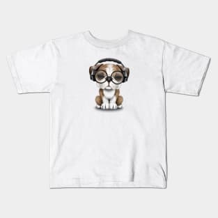 English Bulldog Puppy Dj Wearing Headphones and Glasses Kids T-Shirt